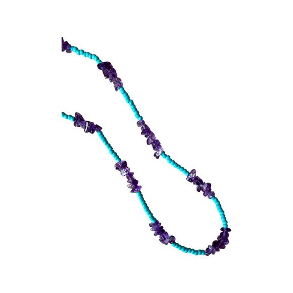 Long Strand of Purple Amethyst Chip Beads and Turquoise Bead Necklace - Picture 2 of 6
